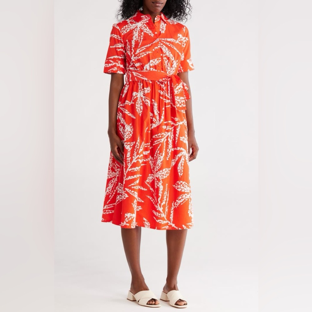 DKNY Vibrant Orange Leaf Print Midi Dress Size 14 NWT